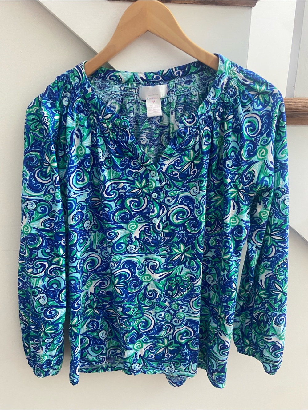 Lilly Pulitzer Blue & Green Swirl Print Peasant Blouse